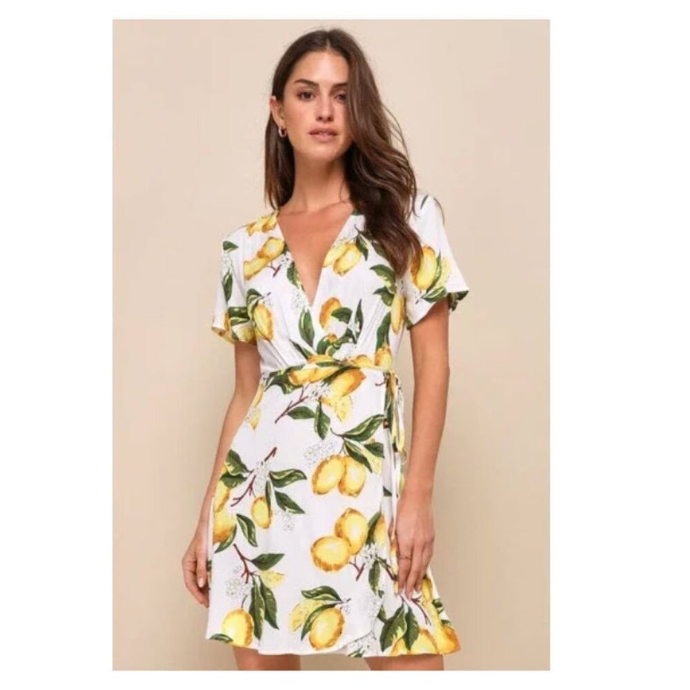 A La Tart White and Yellow Lemon Print Wrap Dress Large